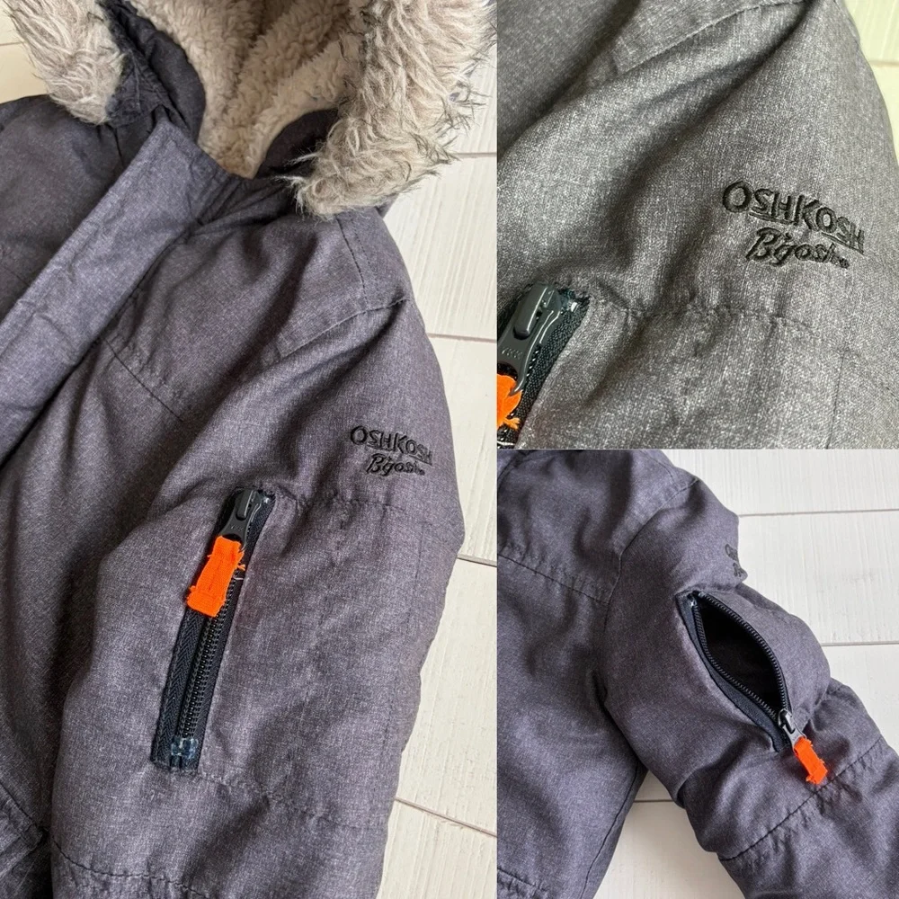 OshKosh B'gosh Charcoal Gray Kids Hooded Coat with Faux Fur Trim Boys 4T
